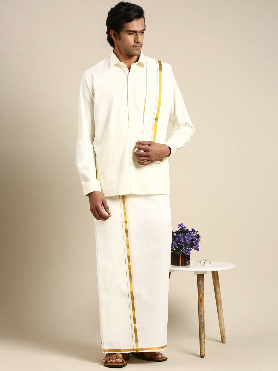 Ramraj Cotton Mens Premium Wedding Cream Dhoti with shirt Bit & Towel Set - Distacart