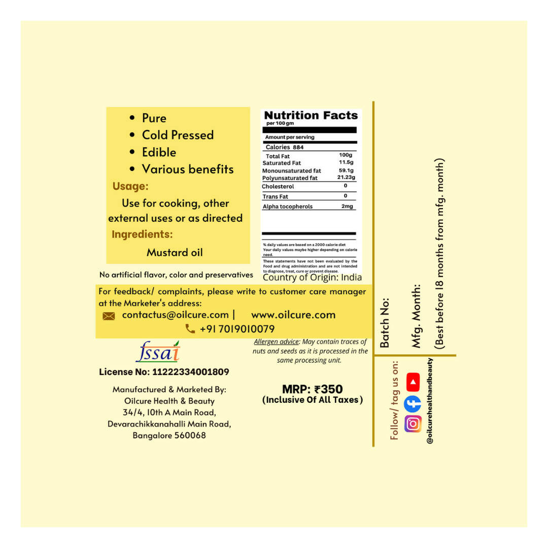 Oilcure Mustard Oil Cold Pressed - Distacart