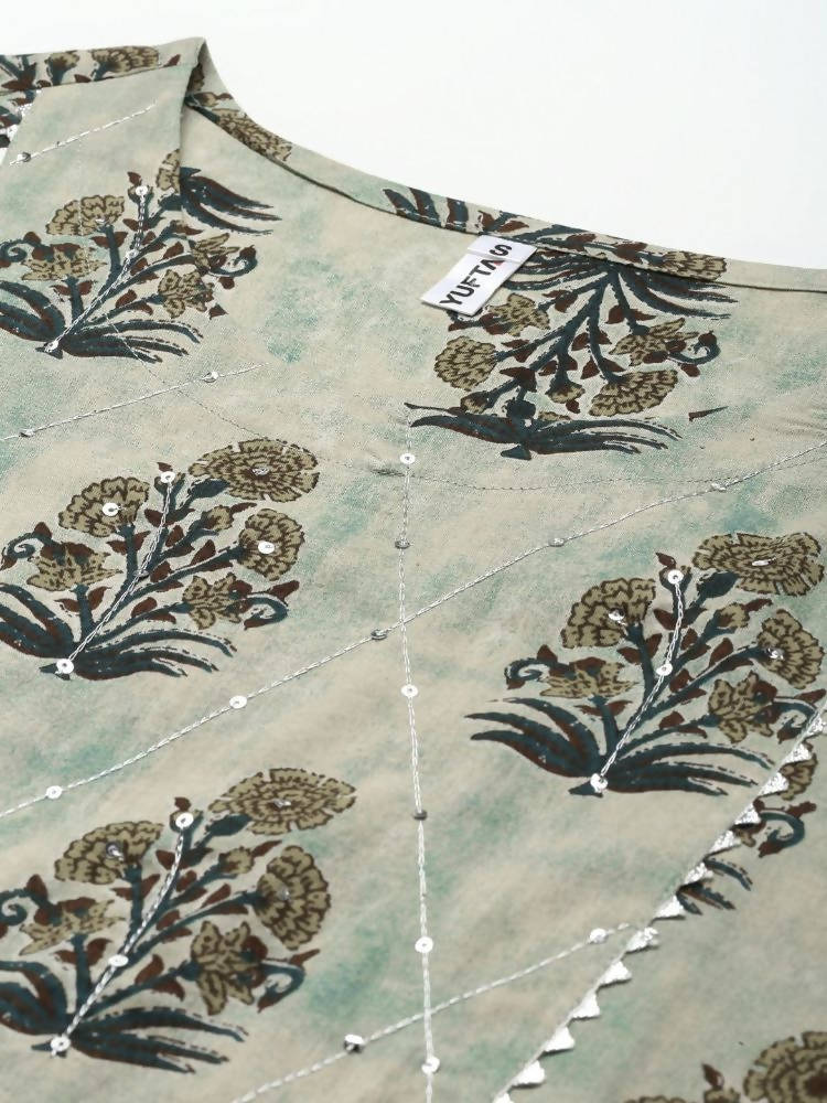 Yufta Women Beige Ethnic Motifs Aari Work Pure Cotton Kurta with Palazzo and Dupatta