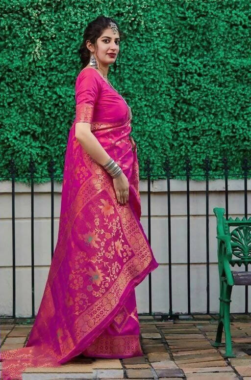 DEIANA'S Beautiful Golden Jari with New Design Soft Lichi Silk Saree - Pink - Distacart