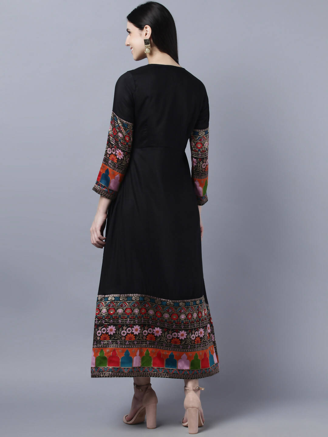 Myshka Women Black Embroidered Detail Anarkali Kurta With Dupatta - Distacart