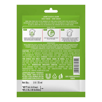 Lakme Blush And Glow Kiwi Sheet Mask back image