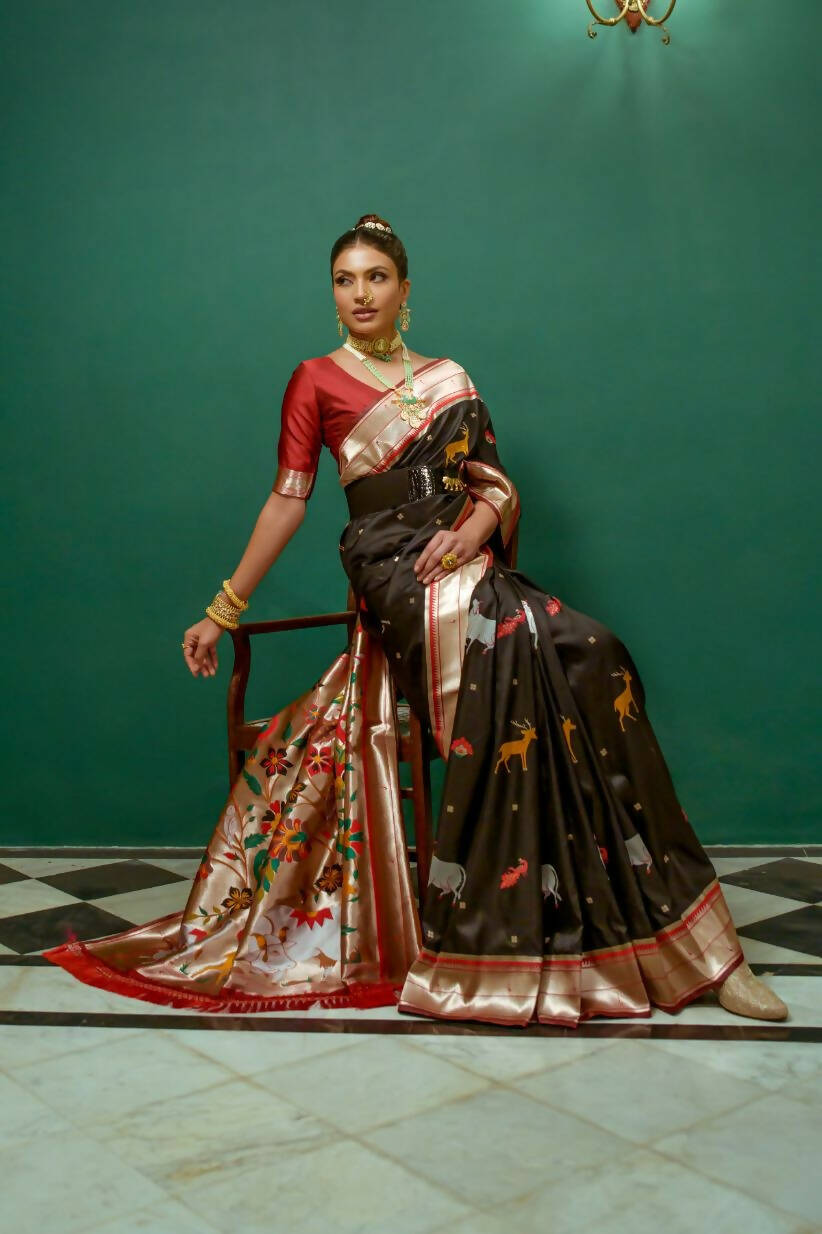 Vishnu Weaves Women's Black Paithani Silk Zari Woven Saree with Unstitched Blouse - Distacart