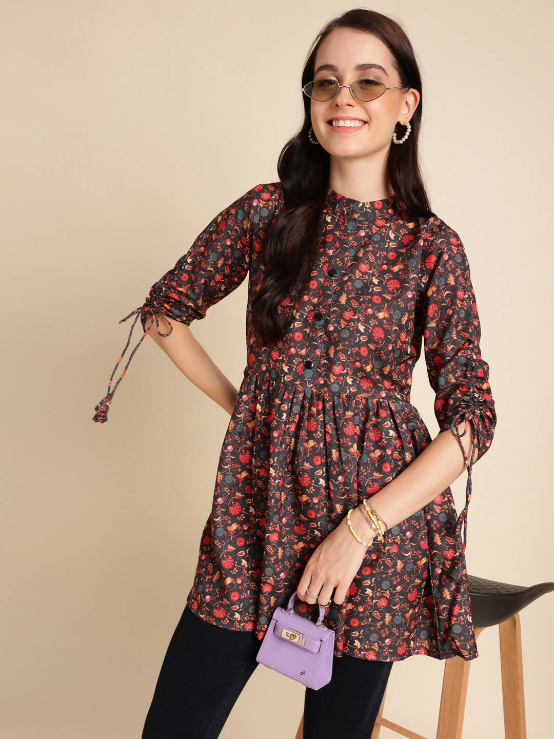 Black Poly Rayon Digital Printed A-line Top - Tarini - Distacart