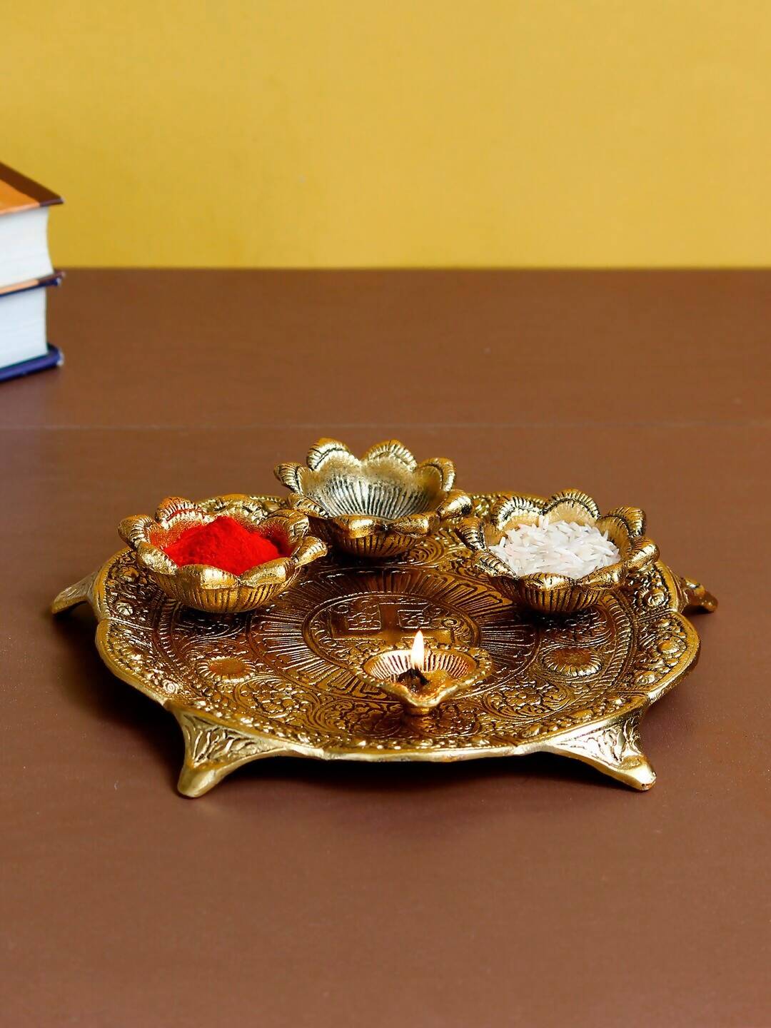 eCraftIndia Gold-Toned Swastik Pooja Thali Bowl & Diya Showpiece - Distacart