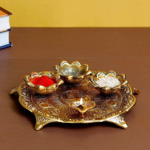 eCraftIndia Gold-Toned Swastik Pooja Thali Bowl & Diya Showpiece - Distacart