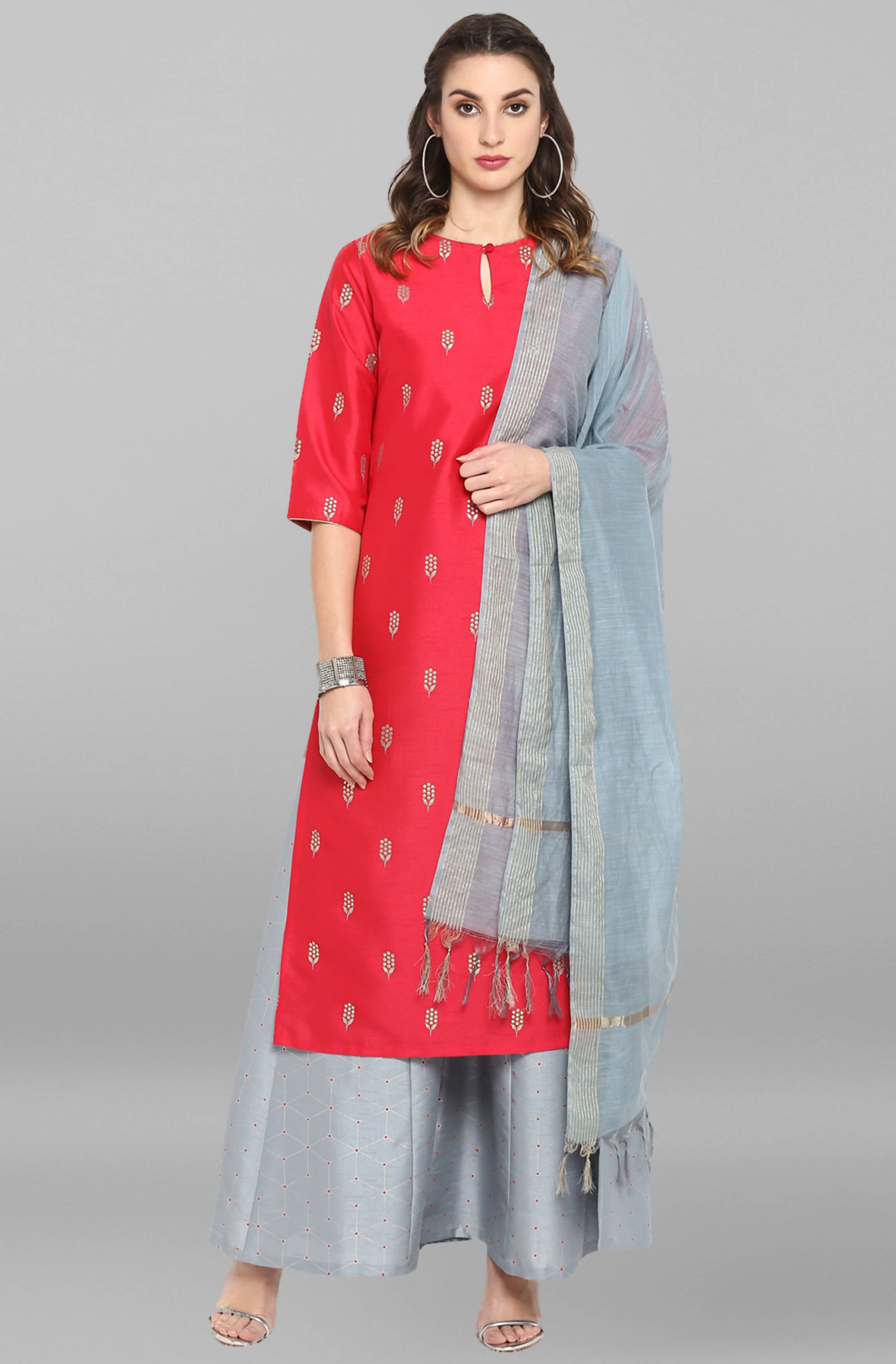 Janasya Women's Blue Cotton Floral Print Top With Palazzo - Distacart