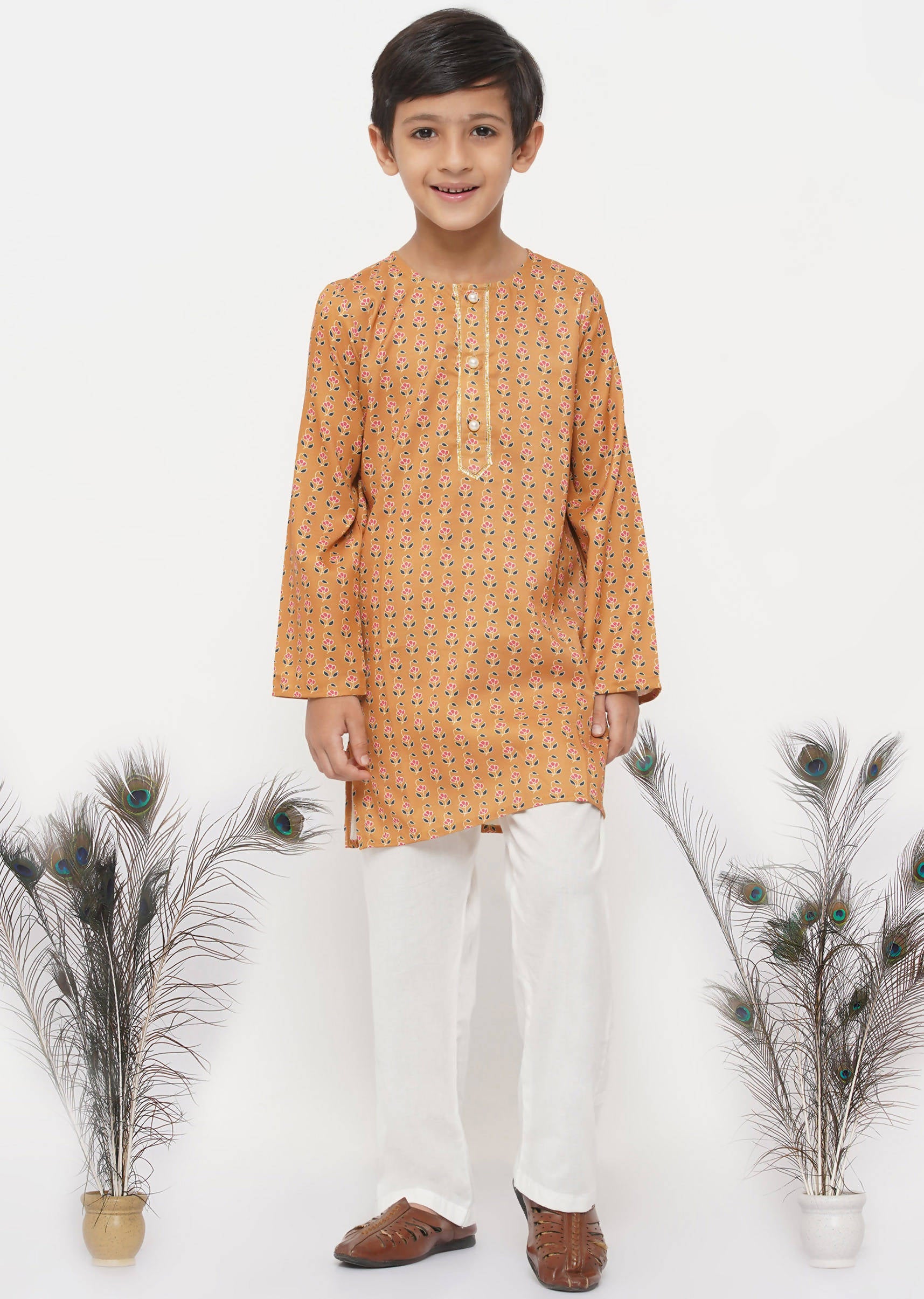 Little Bansi Cotton Silk Floral Kurta with Pearl Buttons & Pyjama - Orange & Cream - Distacart
