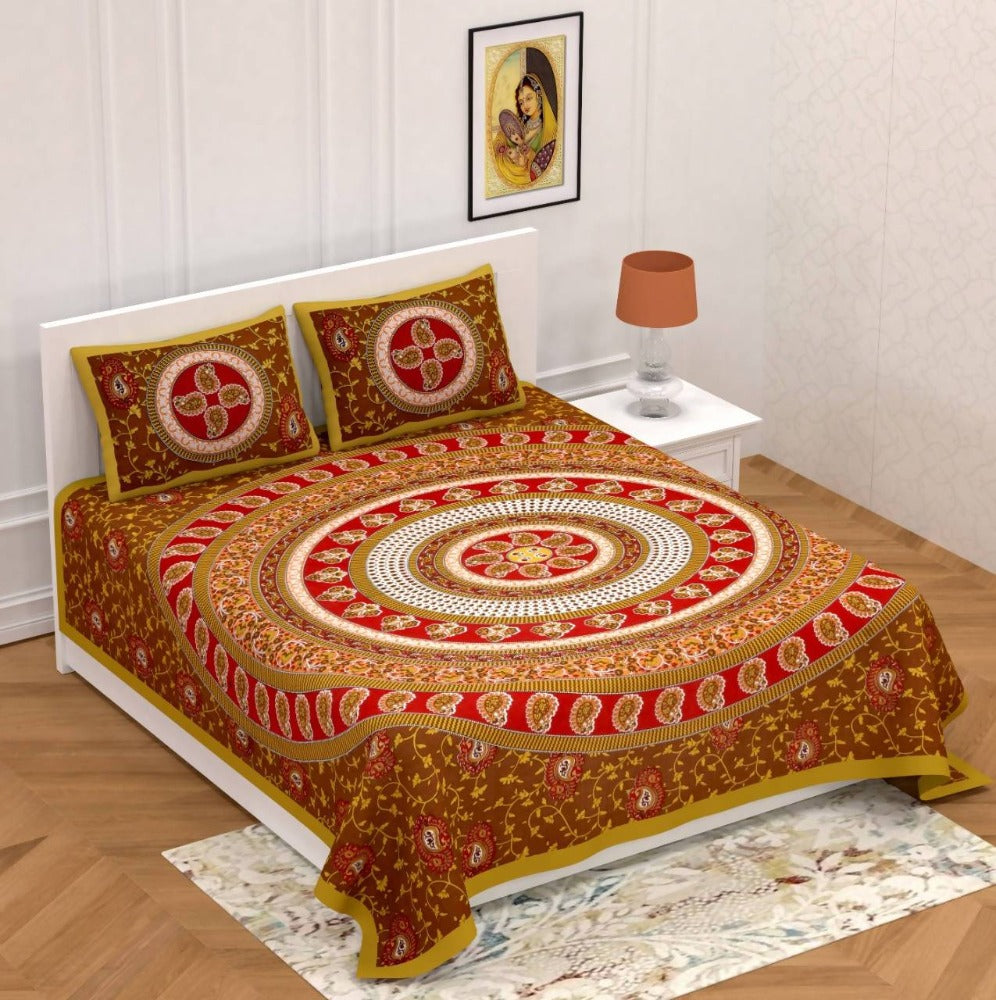 Vamika Printed Circleambi Brown Cotton Bedsheet With Pillow Covers