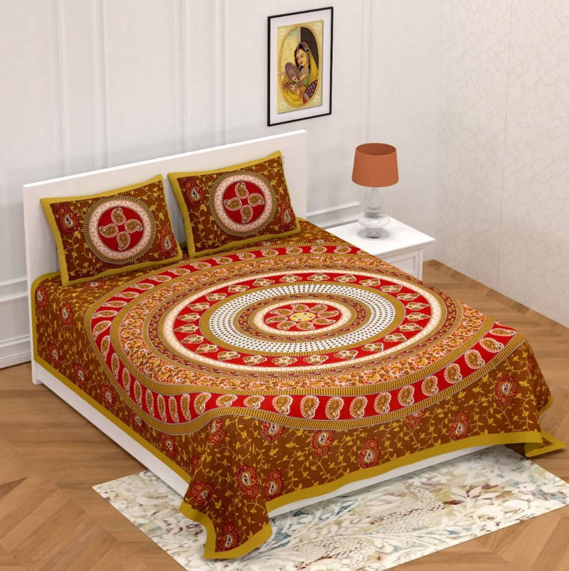 Vamika Printed Circleambi Brown Cotton Bedsheet With Pillow Covers