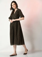 Thumbnail for Myshka Women's Black Floral Printed Empire Dress - Distacart