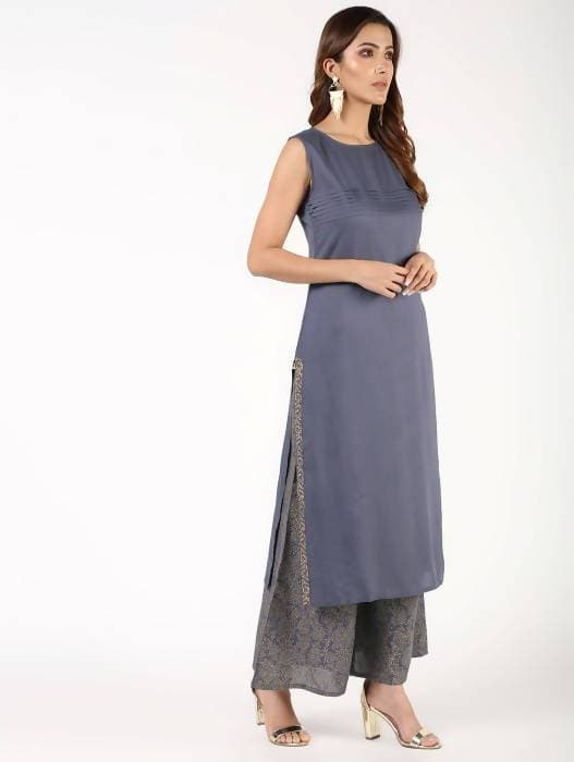 Aniyah Rayon Solid Pintucks Grey Kurta With Gold Print Palazzo Set (AN-153K)