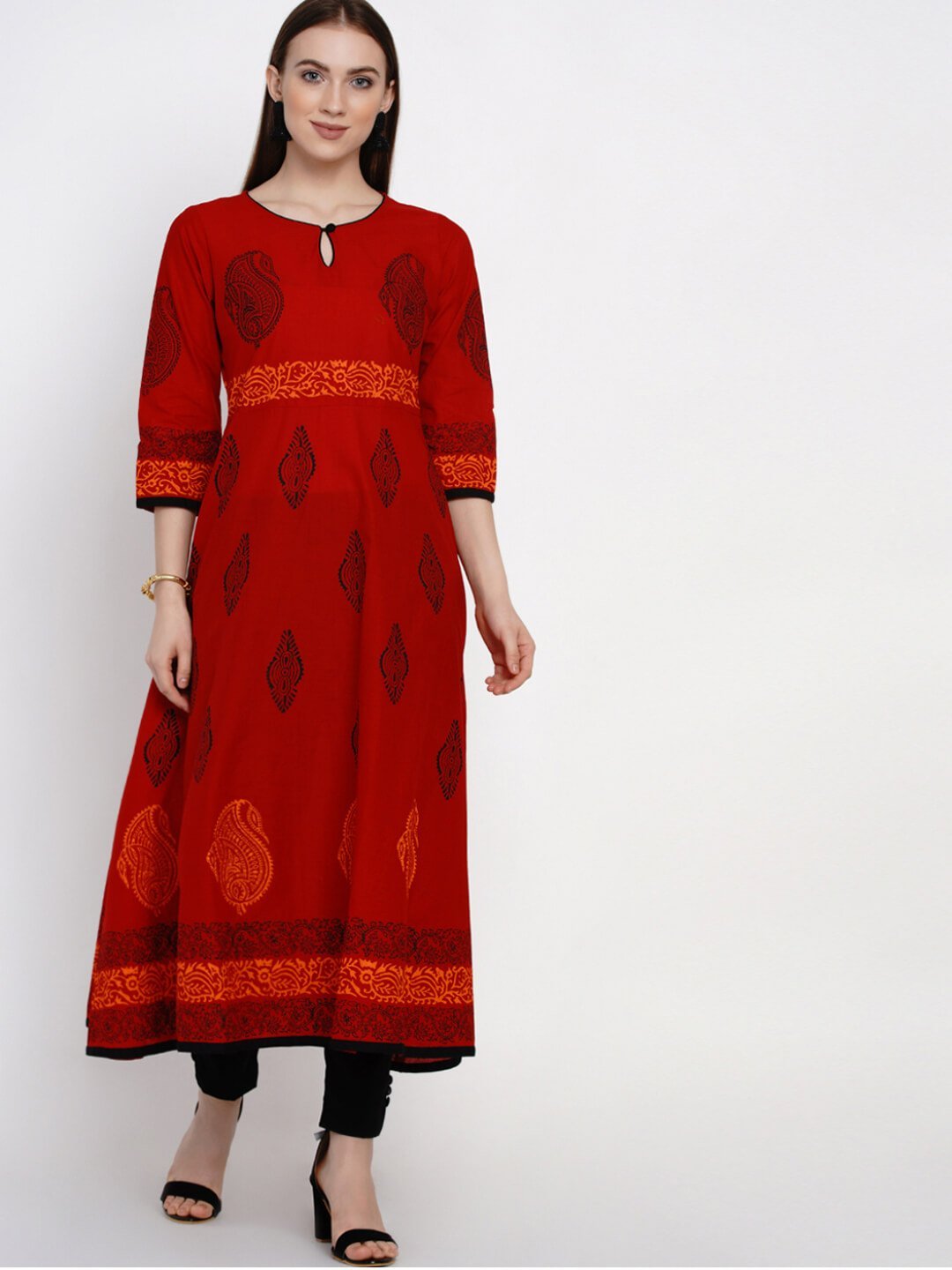 Wahe-NOOR Women's Dark Red Festive Ajrakh Hand Block Cotton Printed Anarkali - Distacart