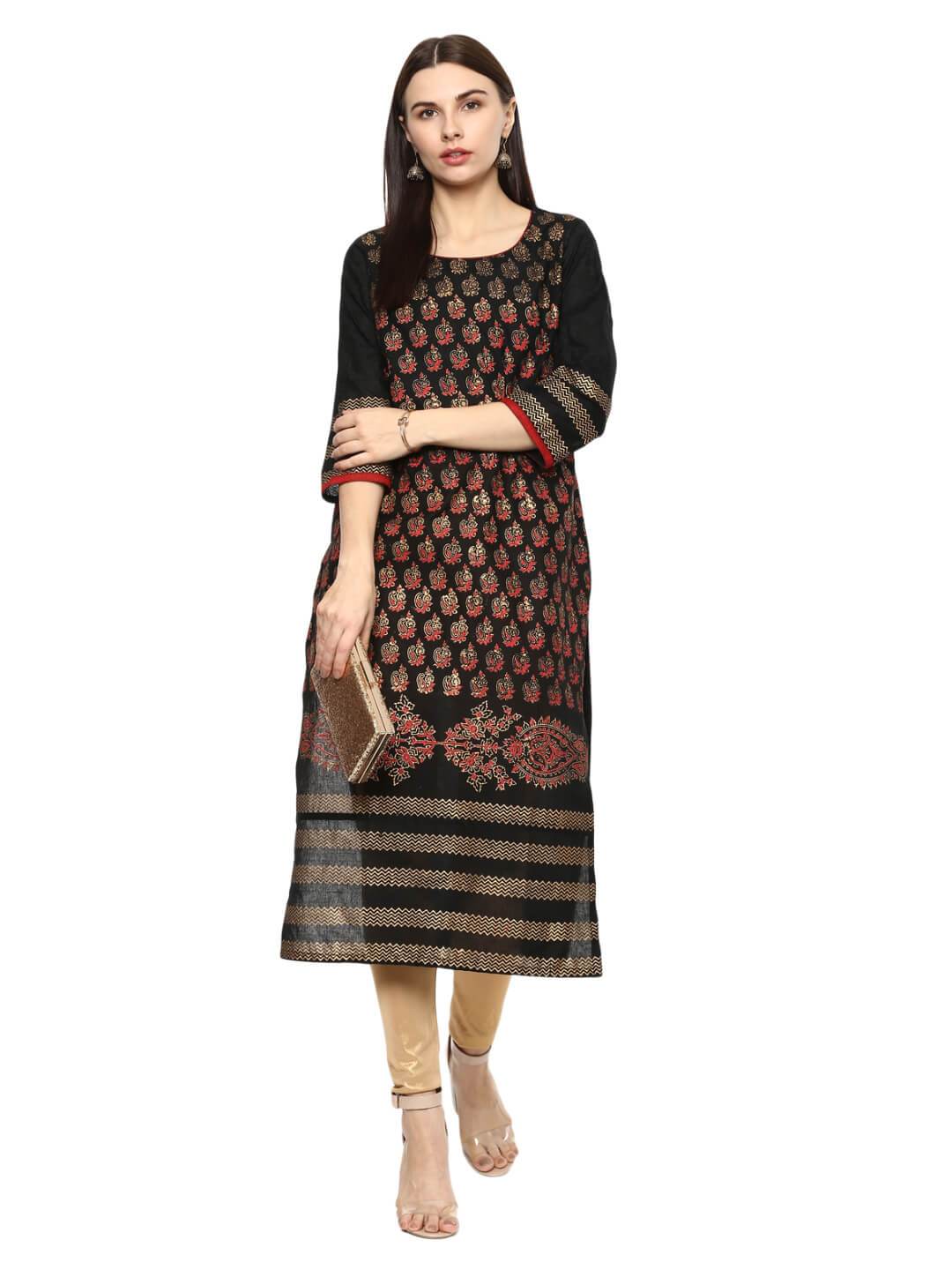 Wahe-NOOR Women's Black Ajrakh Hand Block Cotton Printed Straight Kurta With Overall Print - Distacart