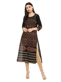 Thumbnail for Wahe-NOOR Women's Black Ajrakh Hand Block Cotton Printed Straight Kurta With Overall Print - Distacart