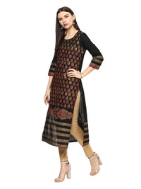 Thumbnail for Wahe-NOOR Women's Black Ajrakh Hand Block Cotton Printed Straight Kurta With Overall Print - Distacart