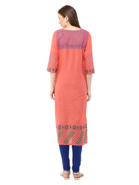 Thumbnail for Wahe-NOOR Women's Coral Pink Floral Ajrakh Hand Block Cotton Printed Straight Kurta - Distacart