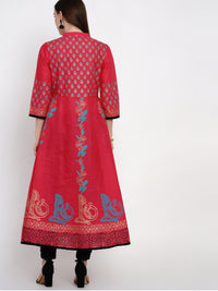 Thumbnail for Wahe-NOOR Women's Fuchsia Red Festive Ajrakh Hand Block Cotton Printed Anarkali - Distacart