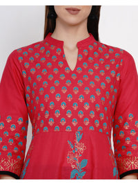 Thumbnail for Wahe-NOOR Women's Fuchsia Red Festive Ajrakh Hand Block Cotton Printed Anarkali - Distacart