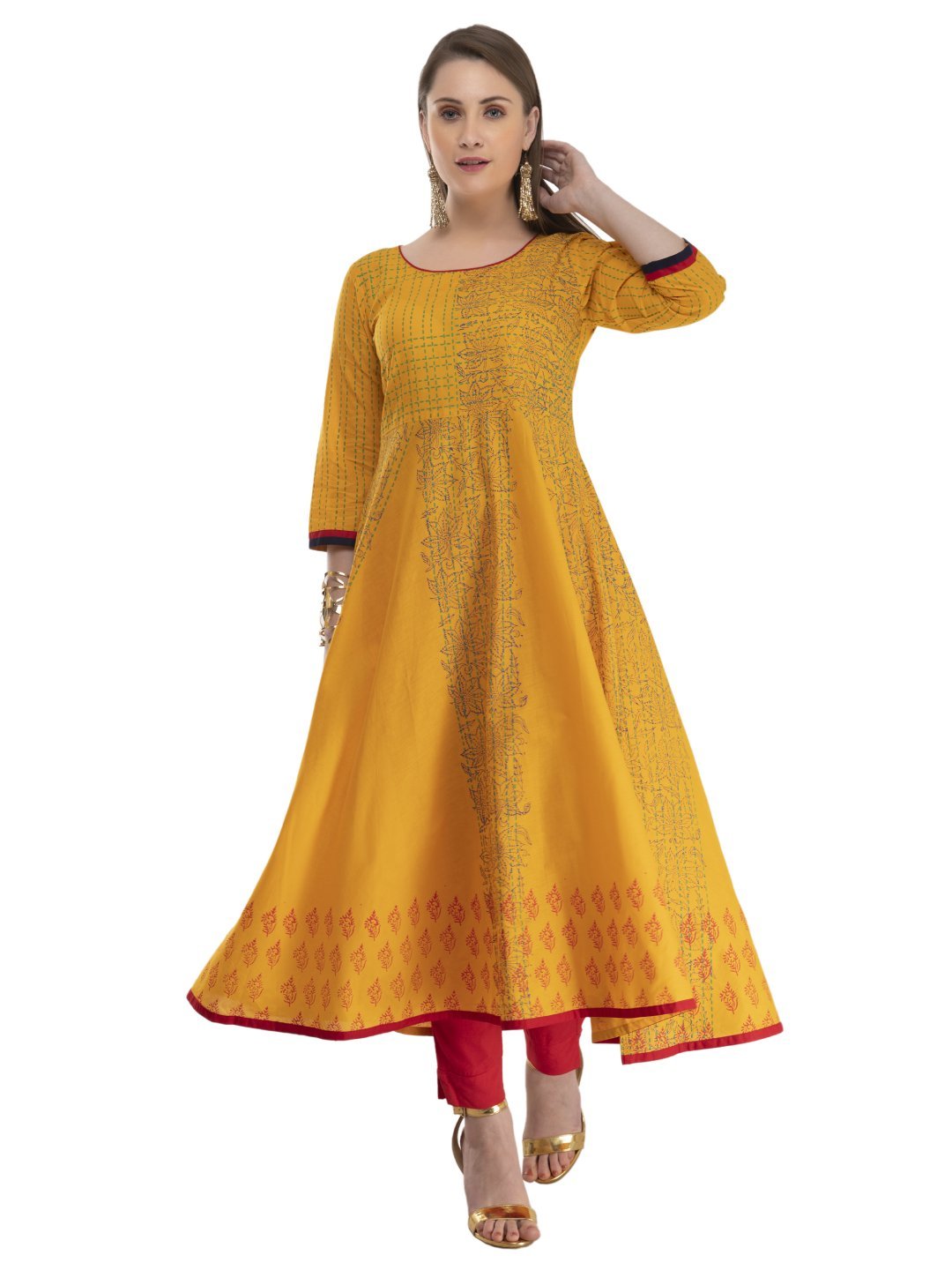 NOZ2TOZ Women's Minimal Mustard Ajrakh Hand Block Cotton Printed Anarkali - Distacart
