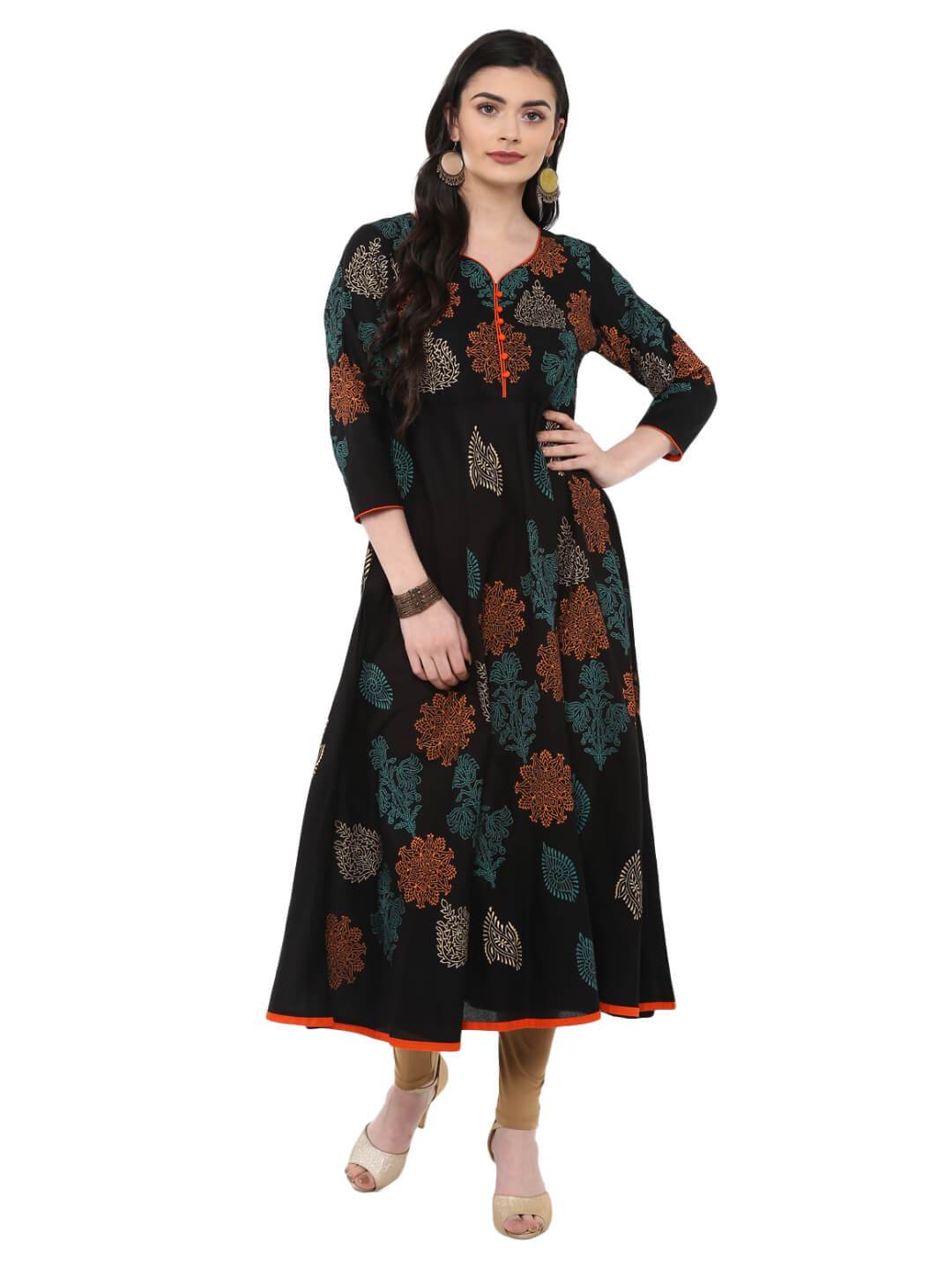 Buy NOZ2TOZ Women s Black Cotton Printed Anarkali with Multicoloured Ajrakh Hand Block Print Online at Best Price Distacart