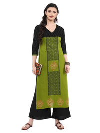 Thumbnail for Wahe-NOOR Women's Parrot Green & Black Ajrakh Hand Blocked Printed Cotton Straight Kurta - Distacart