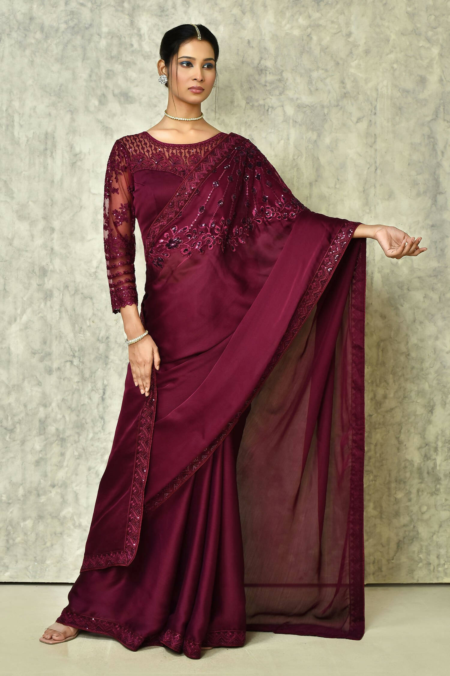Wine Silk Solid Designer Saree with Blouse - Purvi - Distacart