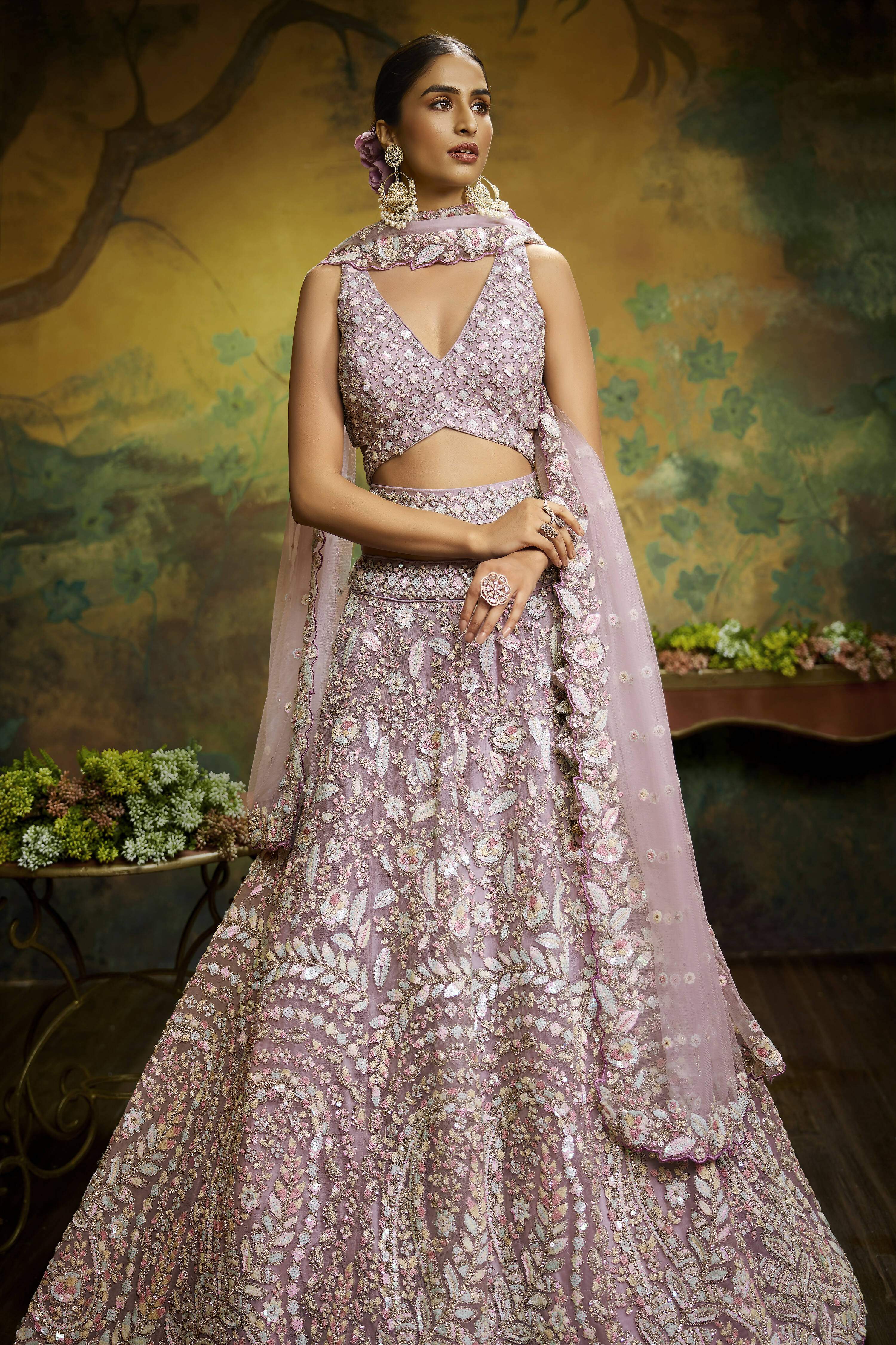 House of Panchhi Mauve Net Multi Sequins with heavy Zarkan embroidery Lehenga choli & Dupatta - Distacart