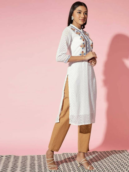 Myshka Women White Solid Georgette Straight V-Neck Kurtas - Distacart