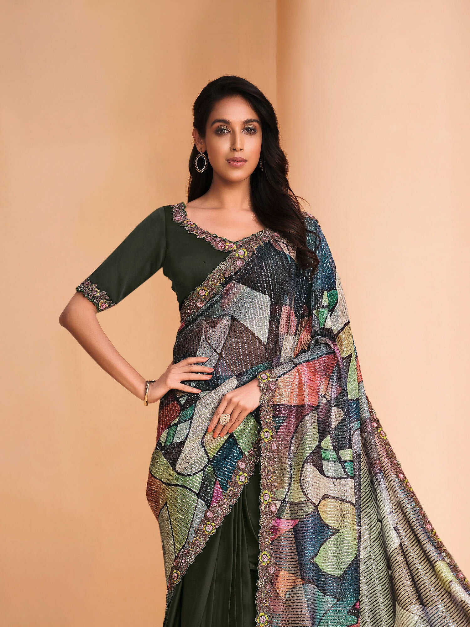 Green Satin Crepe Silk Sequence Embroidered Saree With Unstitched Blouse - Mohmanthan Yavanika - Distacart