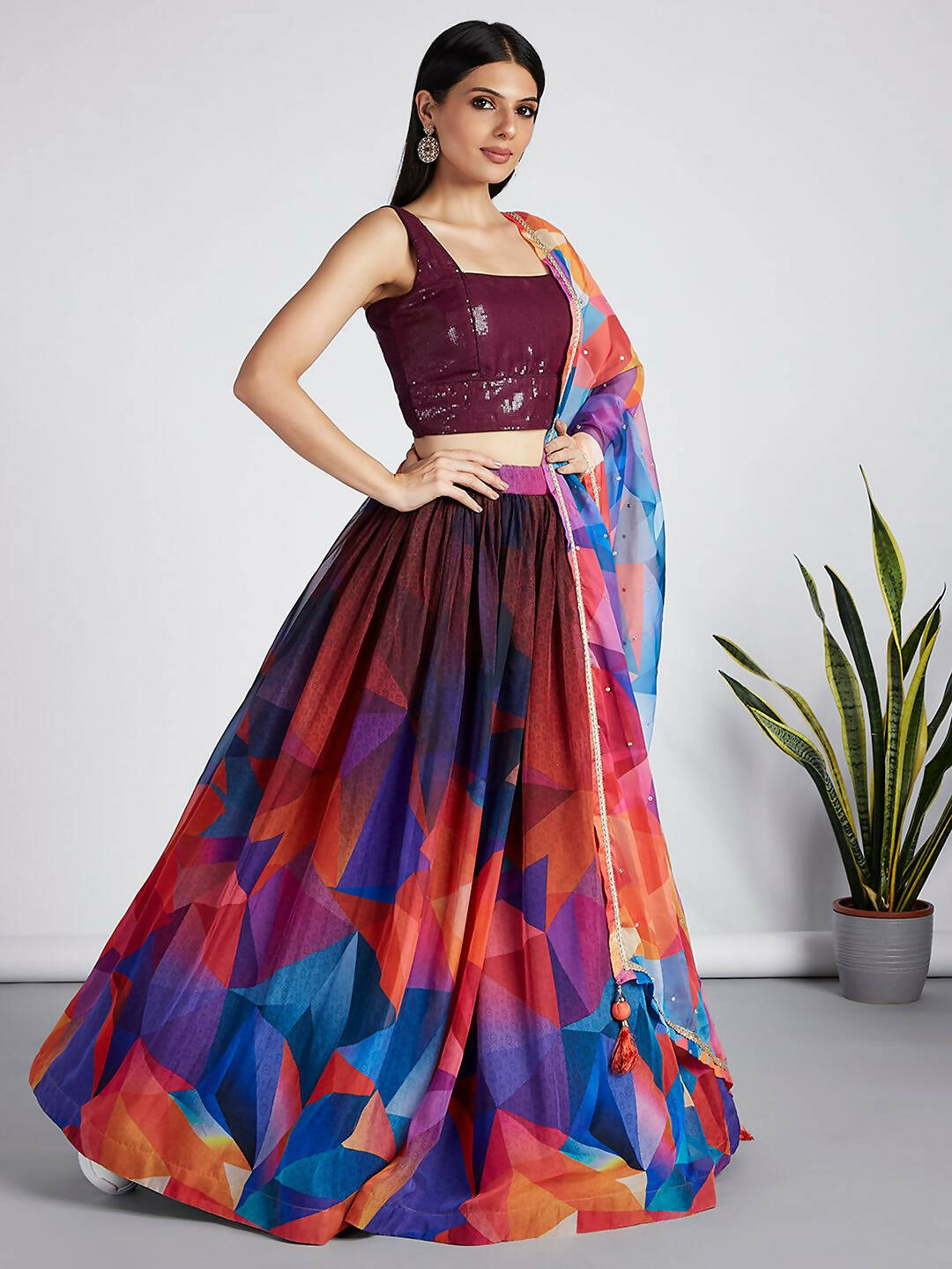 House of Panchhi Multi colour Organza Abstrack design digital print Semi-Stitched Lehenga choli & Dupatta - Distacart