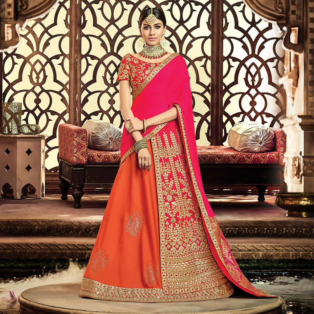 Orange, Pink Taffeta Silk, Raw Silk Gota Embroidery Semi-Stitched Lehenga Saree - Mohmanthan Dezzy - Distacart