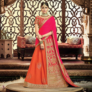 Orange, Pink Taffeta Silk, Raw Silk Gota Embroidery Semi-Stitched Lehenga Saree - Mohmanthan Dezzy - Distacart