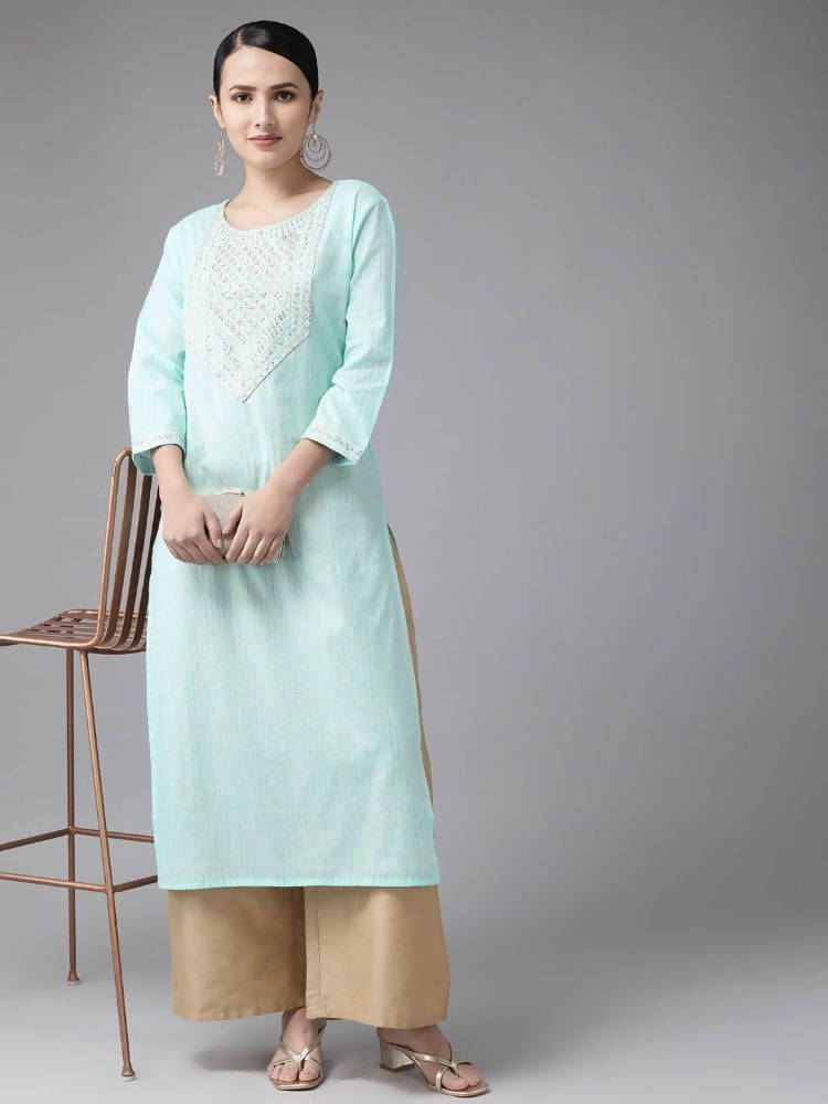 Yufta Women Turquoise Blue Yoke Design Mirror Work Kurta