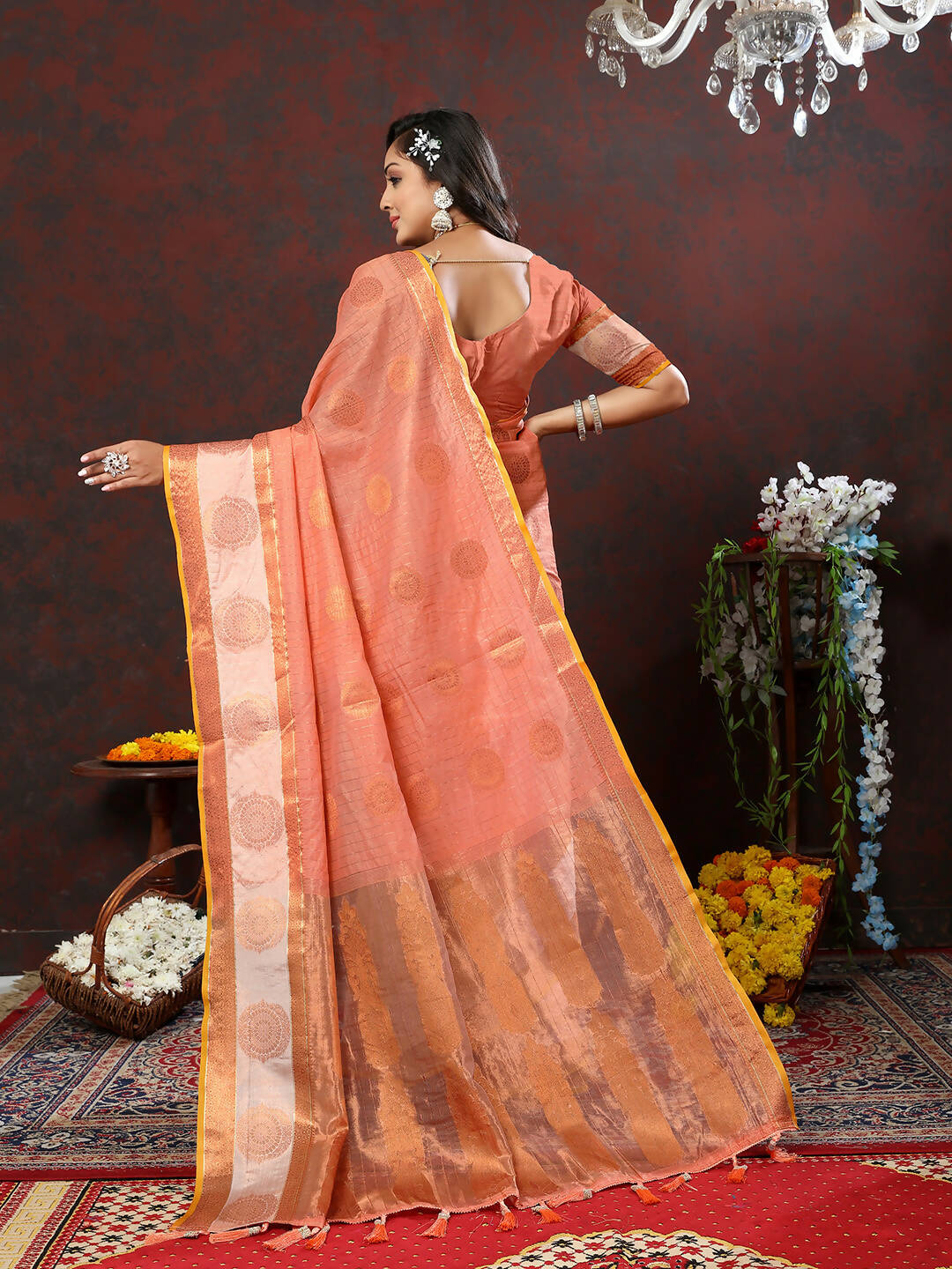 Lorenvalley Fashion Peach Cotton with Woven Design Zari Weaving Saree - Distacart