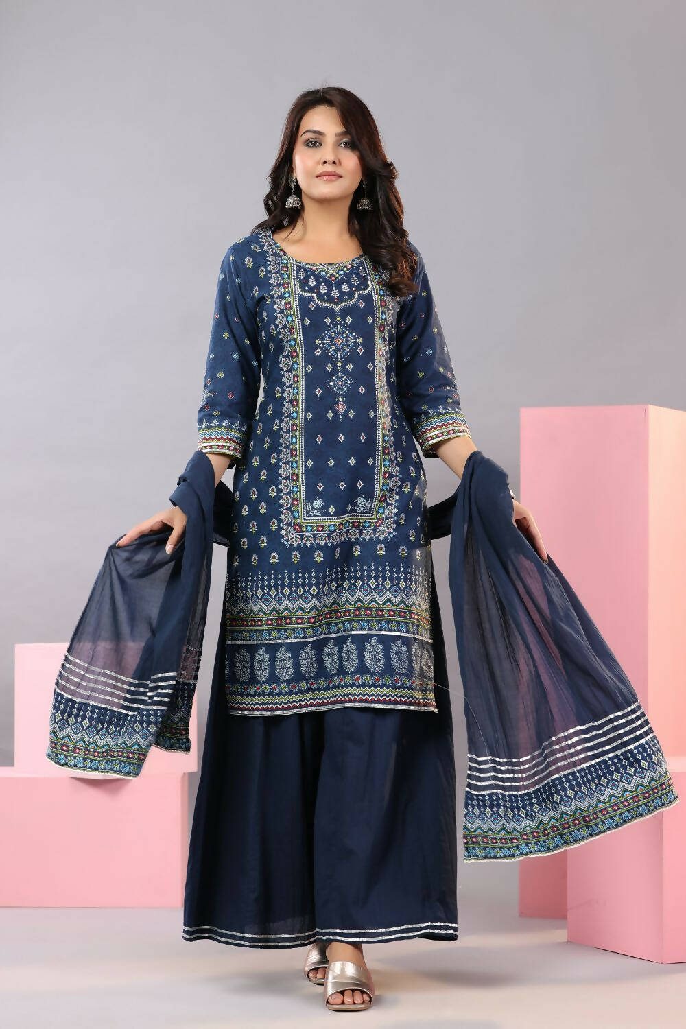 Juniper Women Indigo Cotton Cambric Printed Kurta, Palazzo and Dupatta Set - Distacart