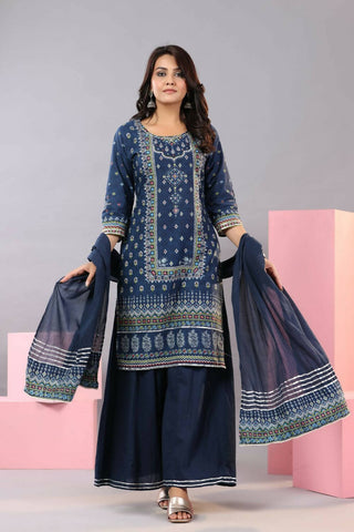 Juniper Women Indigo Cotton Cambric Printed Kurta, Palazzo and Dupatta Set - Distacart