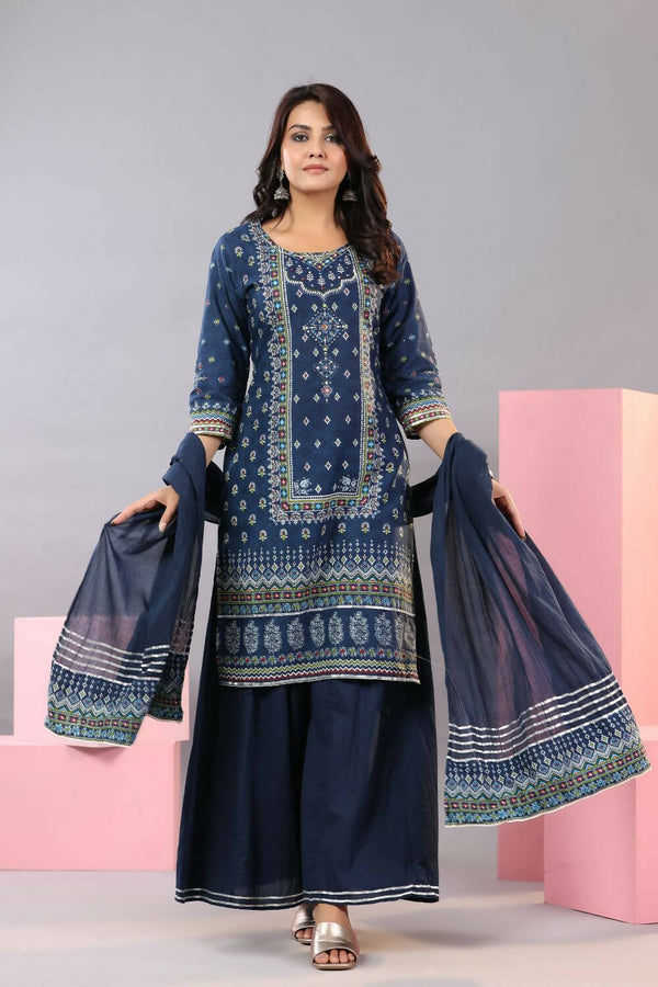Juniper Women Indigo Cotton Cambric Printed Kurta, Palazzo and Dupatta Set - Distacart