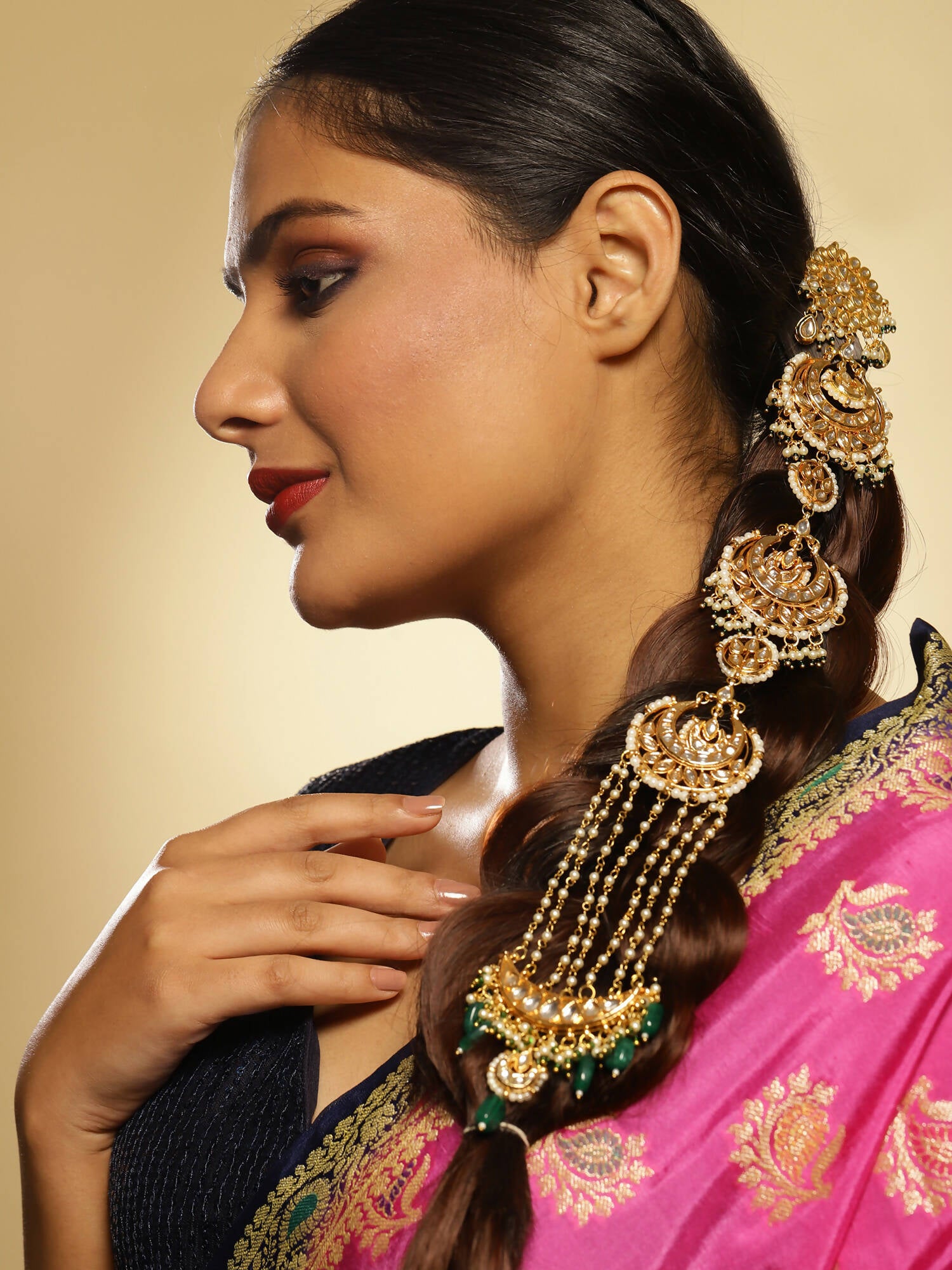 Gold-Plated Green Kundan Stone-Studded Head Chain - Ruby Raang - Distacart