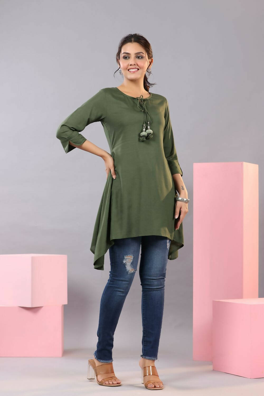 Juniper Women Olive Rayon Solid Asymmetric Kurta - Distacart
