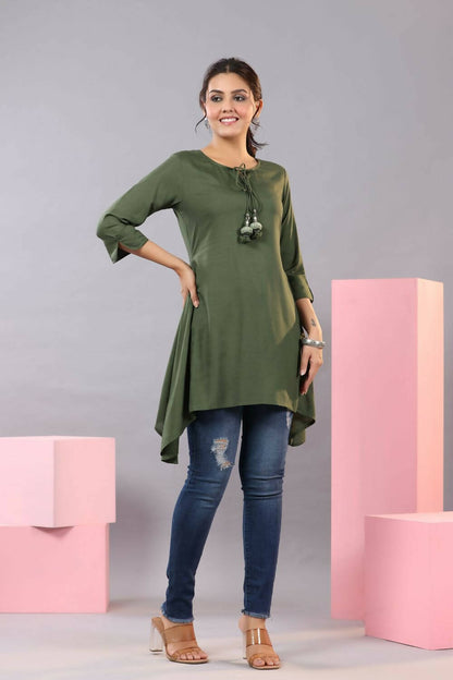 Juniper Women Olive Rayon Solid Asymmetric Kurta - Distacart