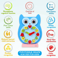 Thumbnail for Matoyi Wooden Colorful Owl Clock With Magnetic Blocks - Distacart