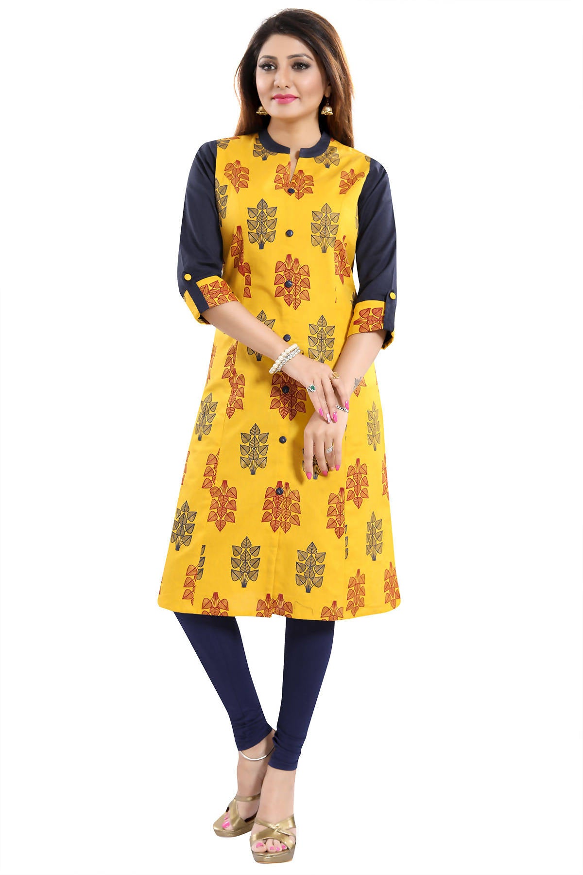 Snehal Creations Luscious Lemon Yellow Shirt Style Cotton Printed Tunic - Distacart