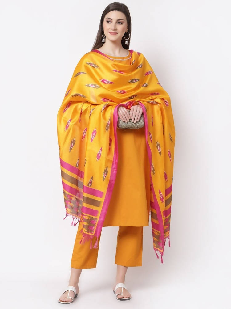 Myshka Mustard Color Cotton Solid Kurta With Pant Dupatta Set