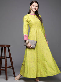 Thumbnail for Ahalyaa Women Lime Yellow & Pink Printed Pleated A-Line Maxi Ethnic Dress - Distacart