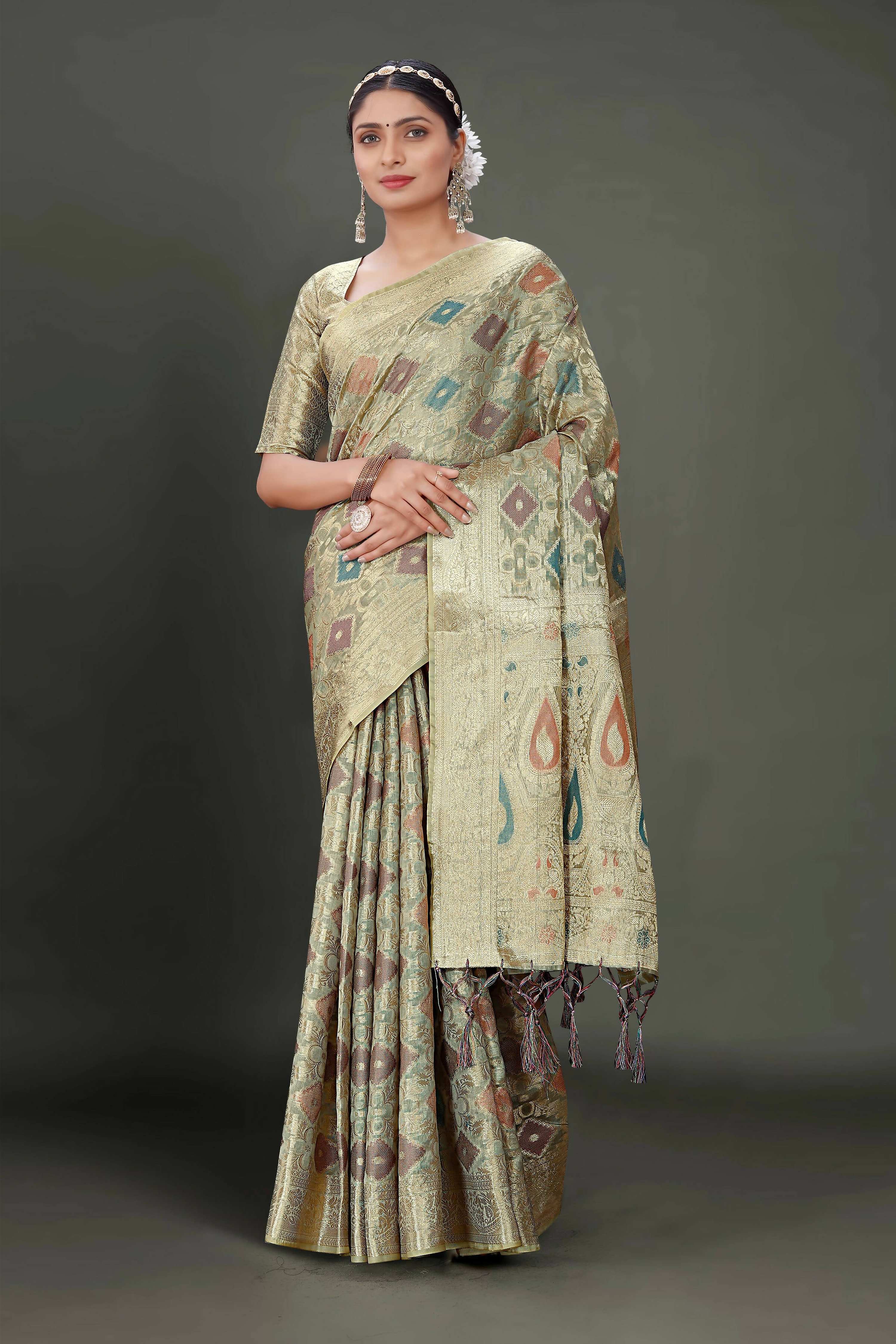 Grey Soft Organza Woven Design Saree With Unstitched Blouse Piece - Zaara - Distacart
