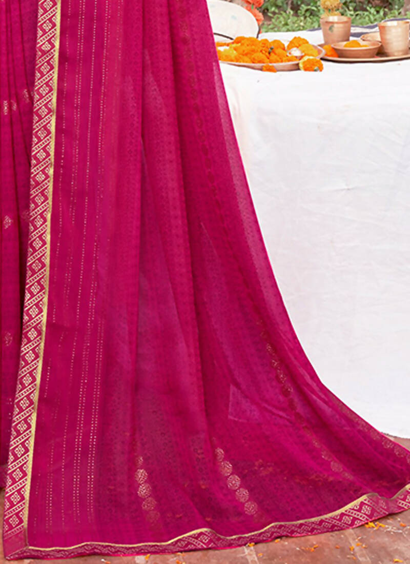 Pink Georgette Foil Printed Saree with Unstitched Blouse Piece - Avika - Distacart