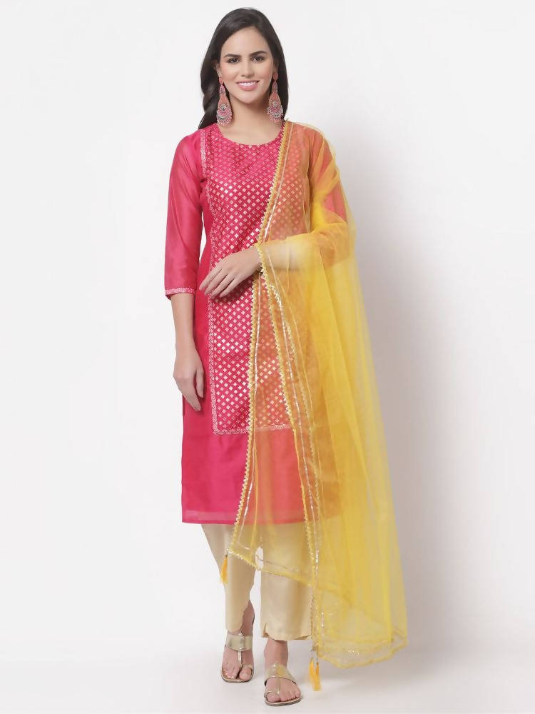 Myshka Women's Cotton Printed 3/4 Sleeve Round Neck Casual Dark Pink Kurta Pant Dupatta Set