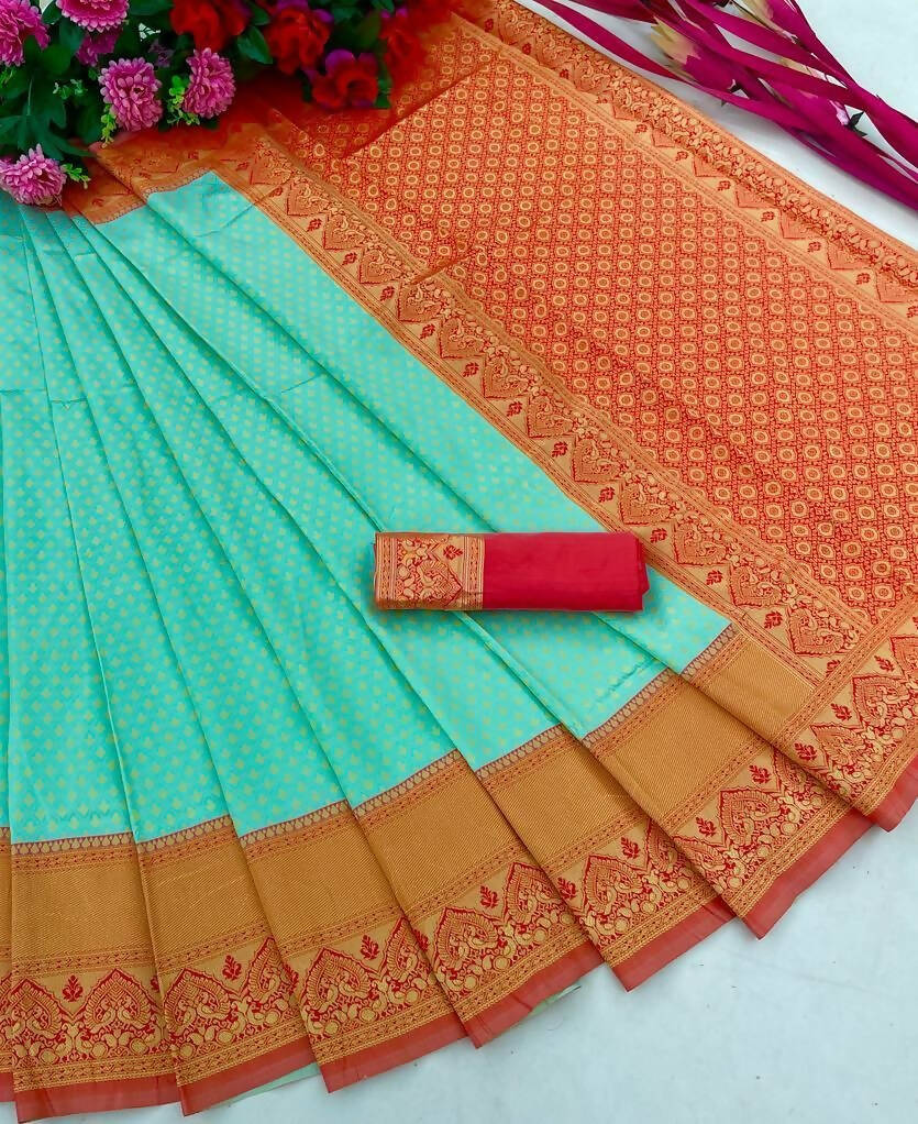 DEIANA'S Beautiful Golden Jari with New Design Soft Lichi Silk Saree - Sky - Distacart