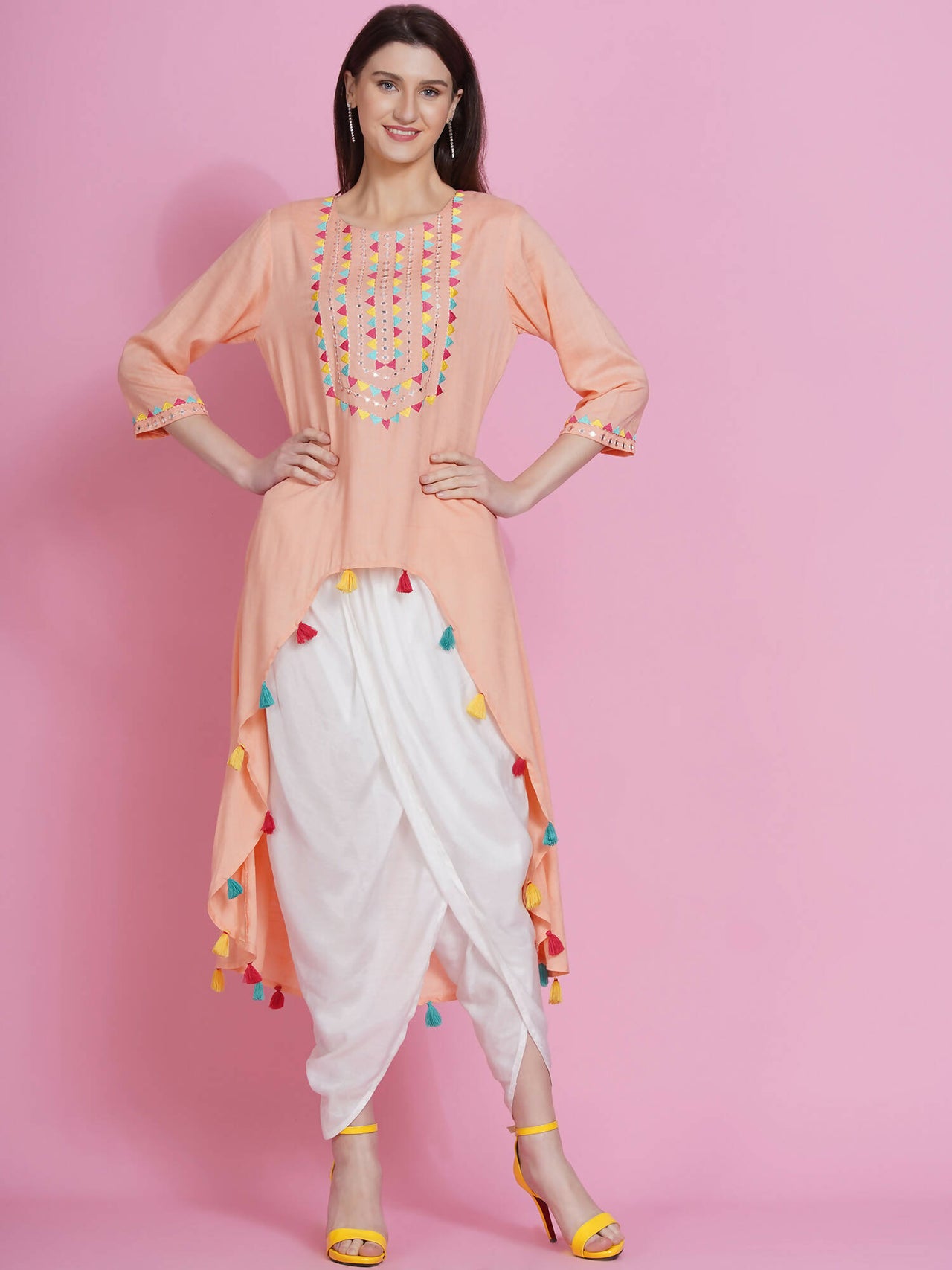 Women Republic Peach Rayon Embroidered Kurta With Mirror Work And Tulip Pants - Distacart